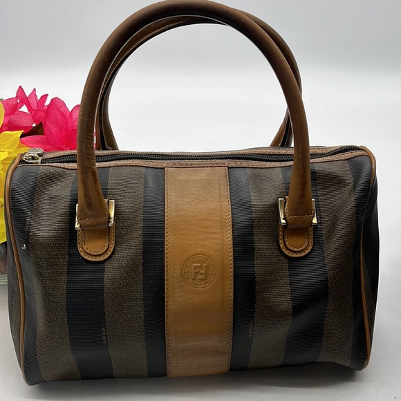 Fendi 1925 Pequin Boston Brown Tan Stripe Vintage Leather Handle Satchel Bag - Picture 2 of 16